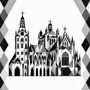 Sint-Janskathedraal, kunstzinnig geïnterpreteerd met ruitjes in zwart wit