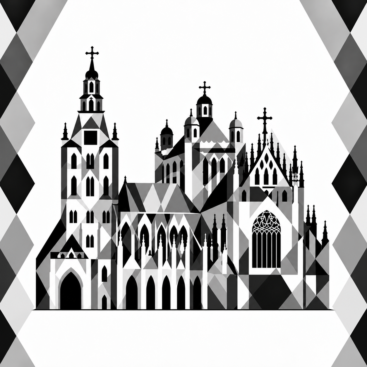 Sint-Janskathedraal, kunstzinnig geïnterpreteerd met ruitjes in zwart wit
